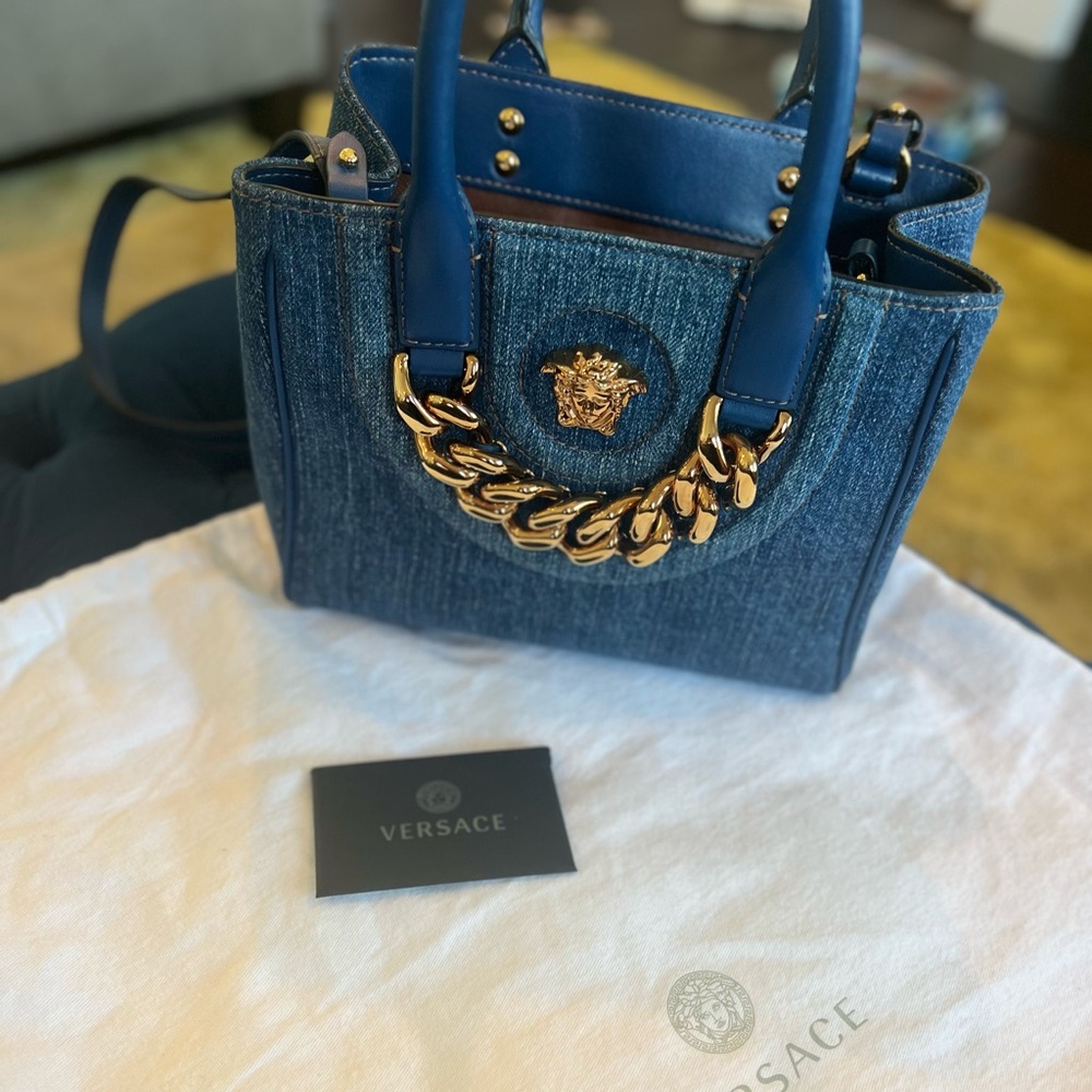 Authentic Rare Versace La Medusa Chain Embellished Leather trimmed Denim Tote 💙